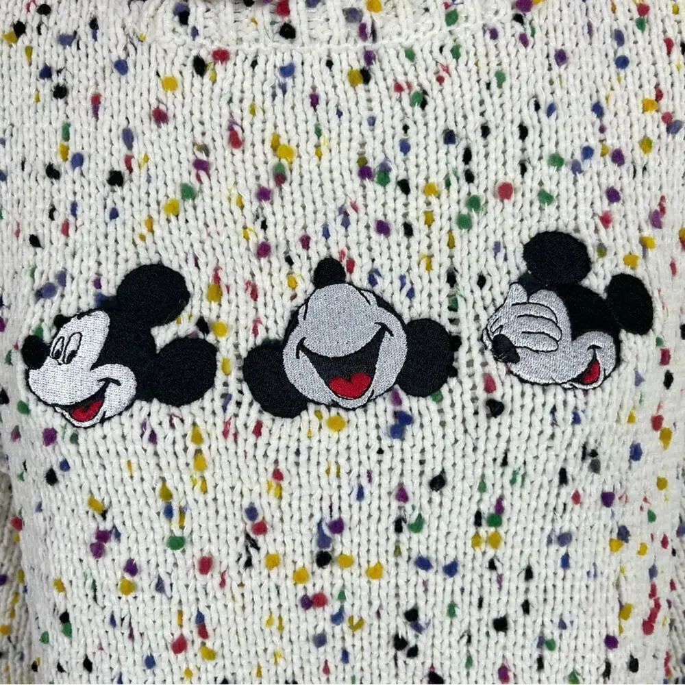 Disney Mickey Mouse Embroidered Turtleneck Confetti Knit Pullover Sweater Large